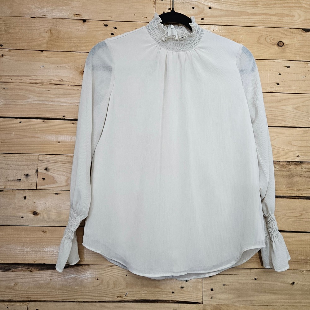 Ann Taylor Petite Smocked Mock Neck Ruffle Blouse Off White XXS Petite